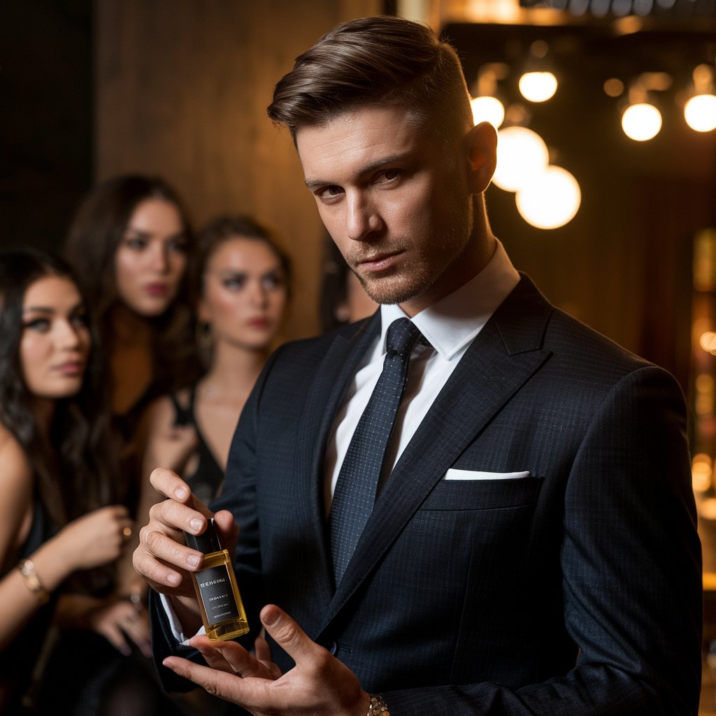 man holding bottle of cologne oil women in background eyeing him.