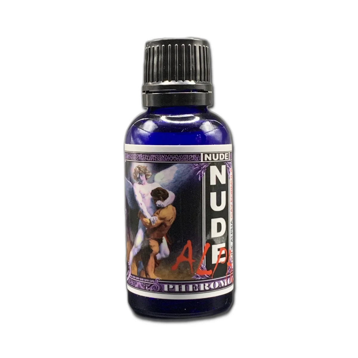 Bottle of pheromone product labeled NUDE GAY ALPHA™ For Men