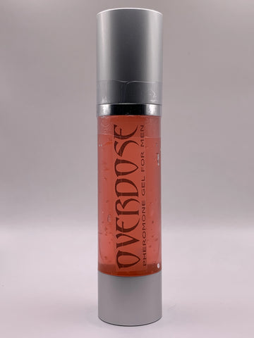 Bottle of red gel with label OVERDOSE PHEROMONE GEL printed on it