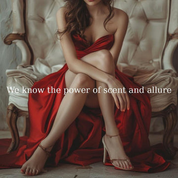 woman wearing royal pheromones perfume with legs crossed, text over front saying we know the power of scent and allure