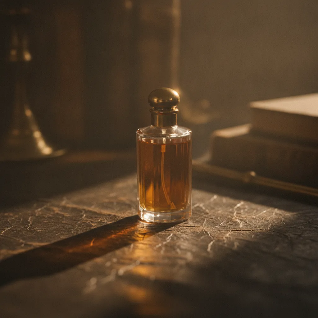 Vintage amber pheromone cologne bottle on dark leather, evoking the discontinued Alpha Dream L2K
