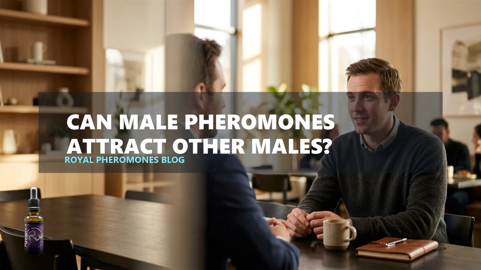 Two men close together at a bar, low light, pheromone attraction theme