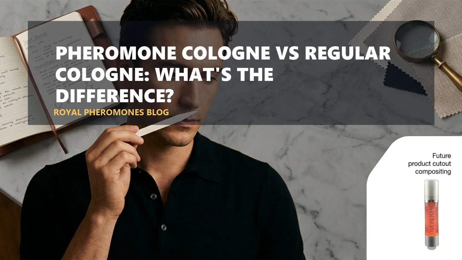 Pheromone cologne bottle beside a designer cologne on a wood dresser