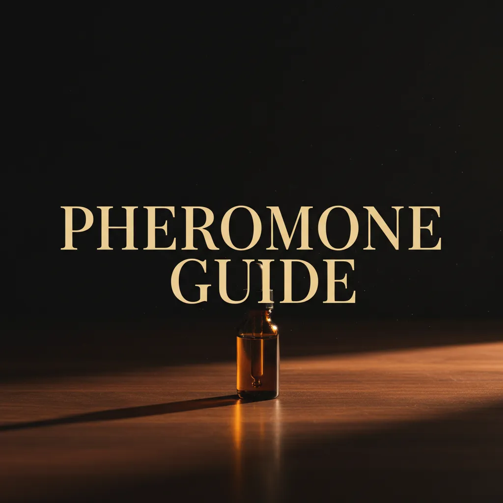 Pheromones pillar hero: amber-lit dropper bottle of pheromone oil on dark walnut wood with warm amber side-lighting.