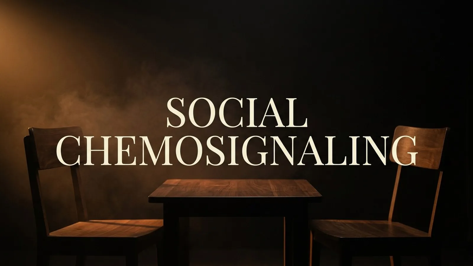 Social chemosignaling: two empty chairs facing each other across a dark table, faint haze in the amber light between them