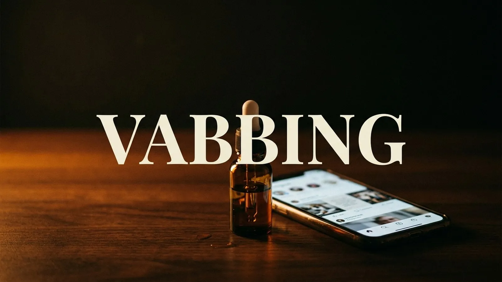 Vabbing explained: amber perfume vial and dropper beside a phone on dark walnut wood