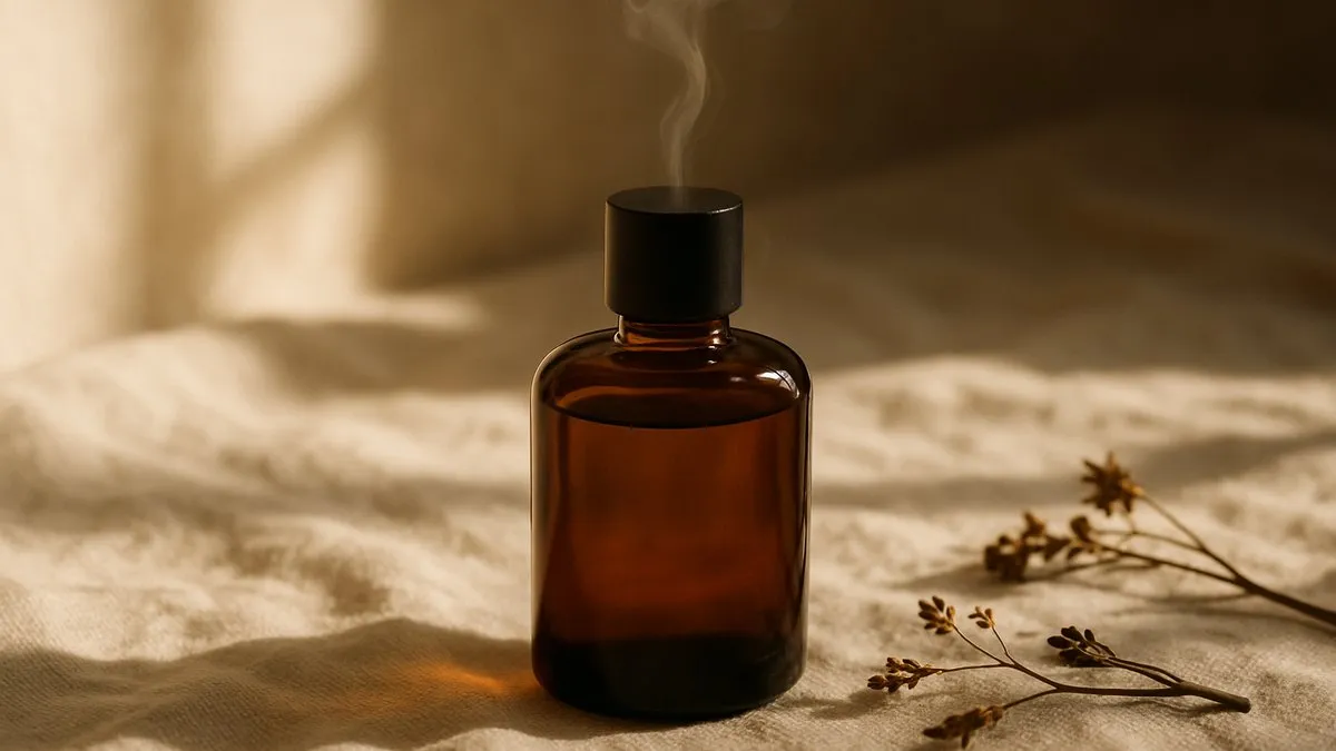 What pheromones smell like, an unlabeled amber cologne bottle on cream linen in warm light