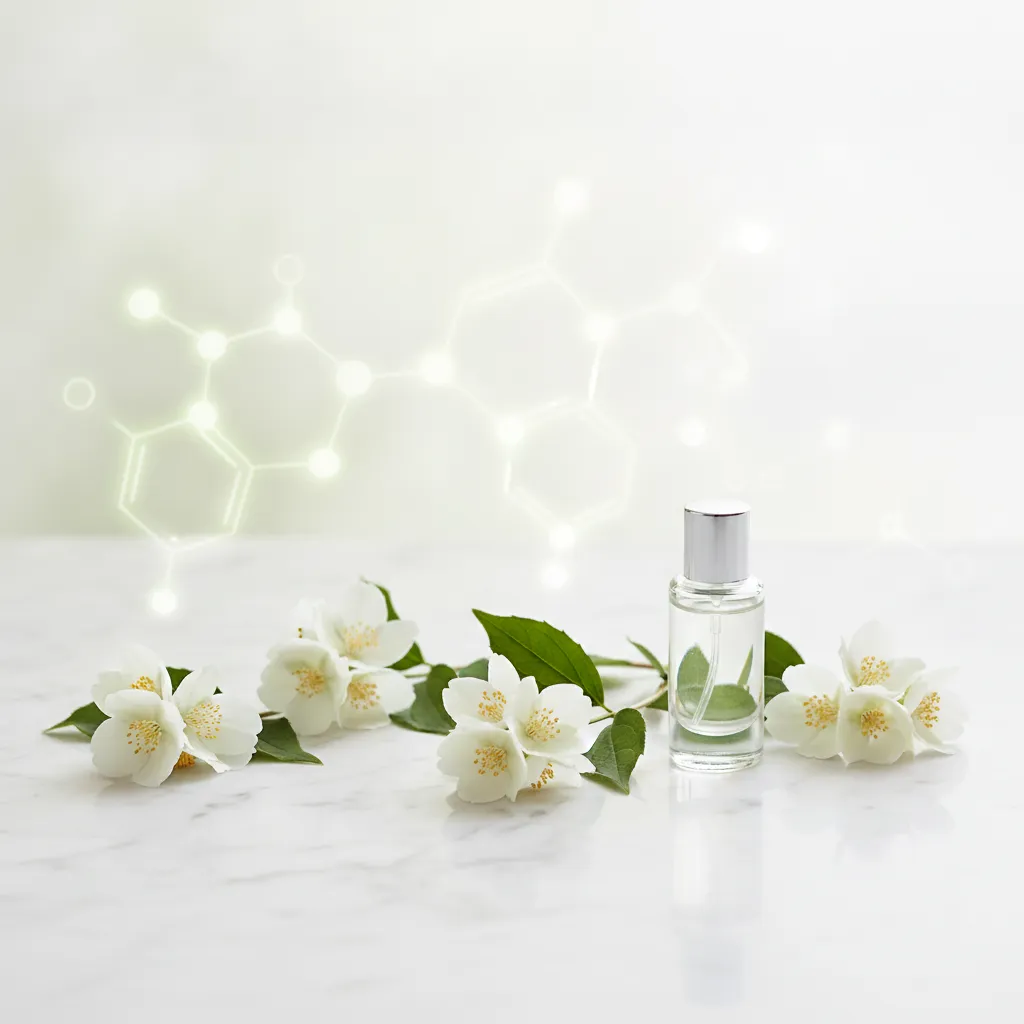 What is hedione: jasmine blossoms beside a perfume vial with a molecular structure motif