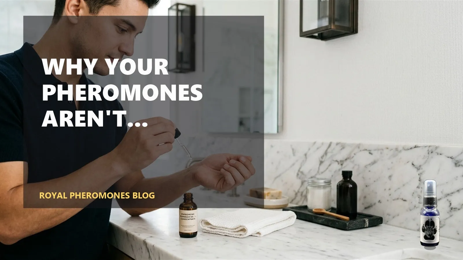 Pheromone bottle on a bathroom counter with the cap off, half-empty