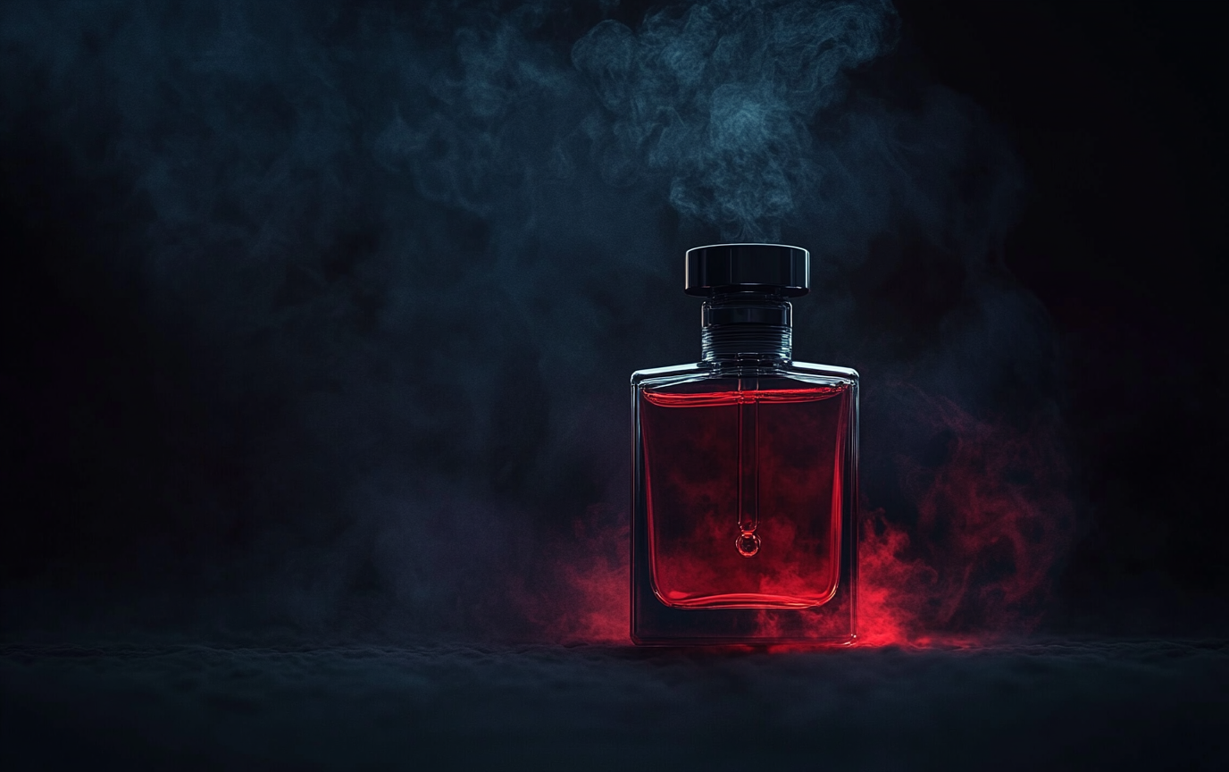 dark background with translucent red bottle of pheromone perfume oil.