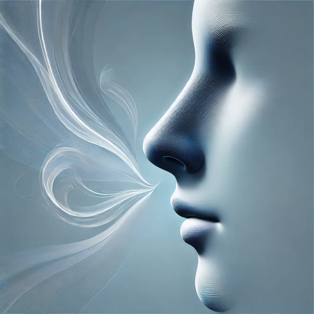 a abstract image of a face with a nose inhaling scent.