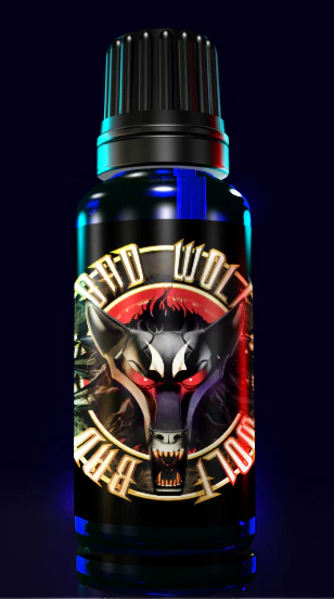 bottle of bad wolf pheromone, tall dark cylindrical, blue pheromone aura energy around it.