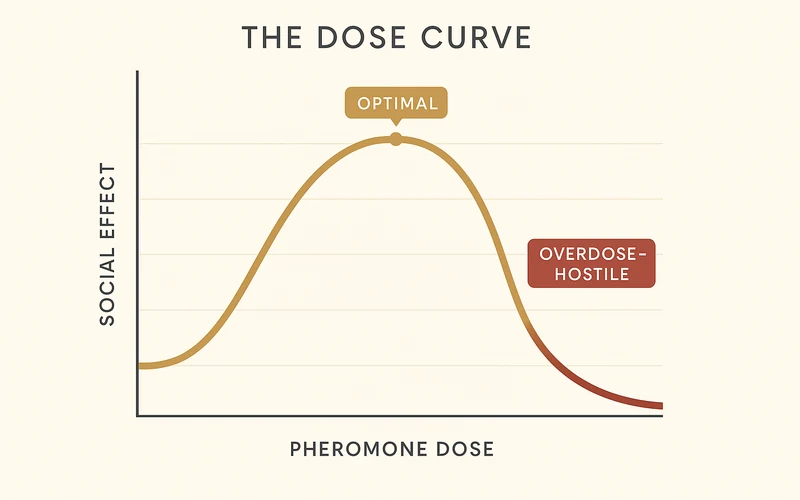 Inverted-U dose curve showing optimal pheromone dose for attractive social effect vs aggressive overdose