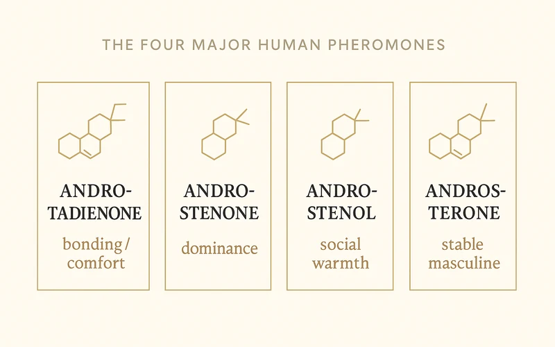 Pheromone molecule cheat sheet showing androstadienone, androstenone, androstenol, and androsterone with their primary social effects