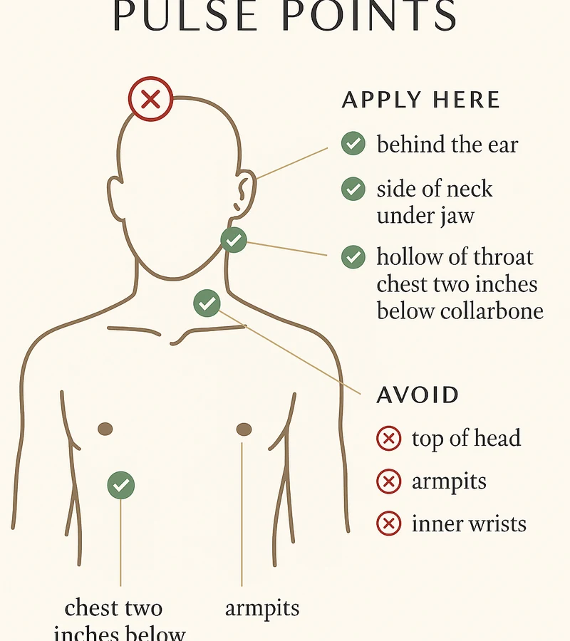 Diagram of male body showing primary and secondary pheromone application points: chest, neck under jaw, hollow of throat, behind ear