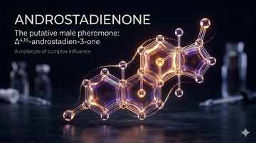 Androstadienone molecule (4,16-androstadien-3-one) — the putative male pheromone, illustrated as a glowing 3D steroid structure