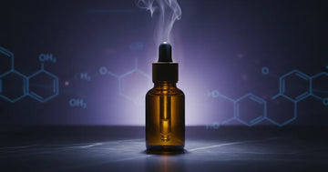 Elegant amber bottle with gold liquid on dark surface with purple lighting and ethereal mist representing androstadienone pheromone effects