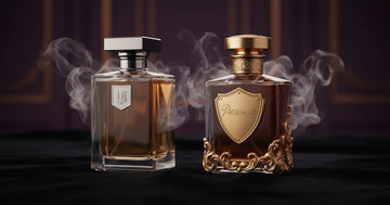 Luxury cologne bottles comparison - regular cologne vs pheromone cologne with golden accents on dark background