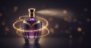 Elegant pheromone cologne bottle with purple and gold design surrounded by glowing aura effects