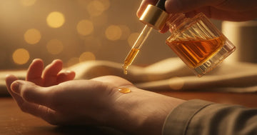 Applying pheromone cologne to wrist pulse point with amber fragrance bottle