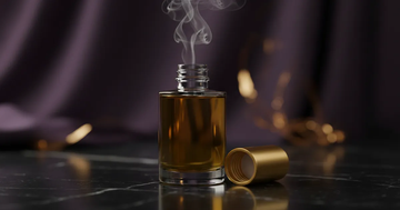 Pheromone oil for men in a dark amber glass bottle with golden liquid on black marble surface