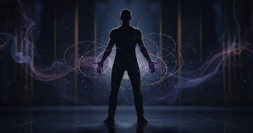 Confident silhouette with open body language and subtle purple light particles representing pheromone signals