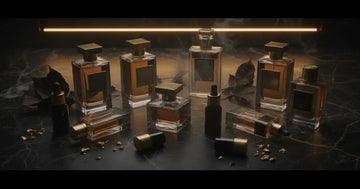 Luxury cologne bottles and pheromone oil vials arranged on dark marble surface with golden lighting
