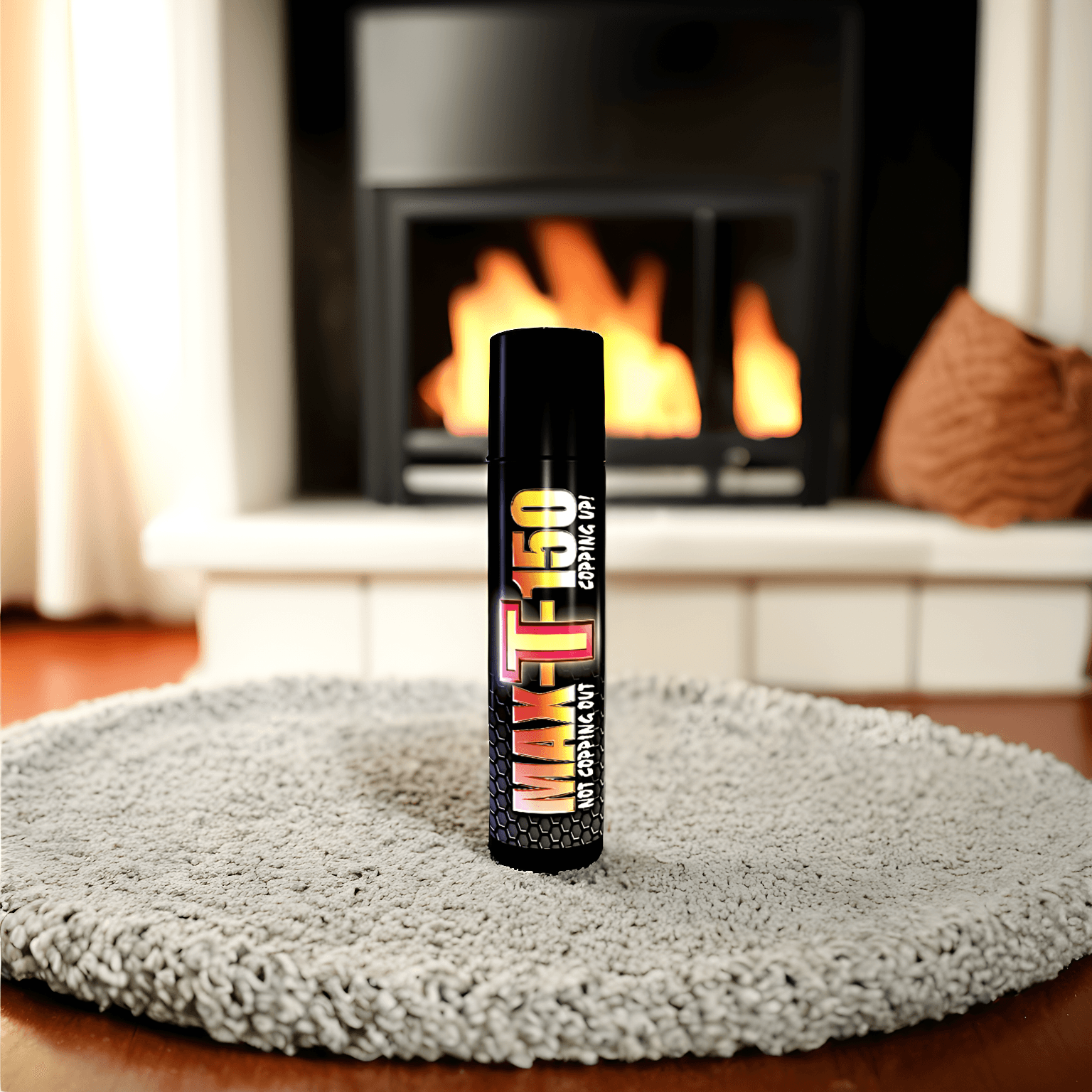 Max-T-150 Copulins Lip Balm Stick by Royal Pheromones, designed for testosterone boost, displayed on a rug in a cozy room with a fireplace in the background. Ideal pheromone product for workouts.