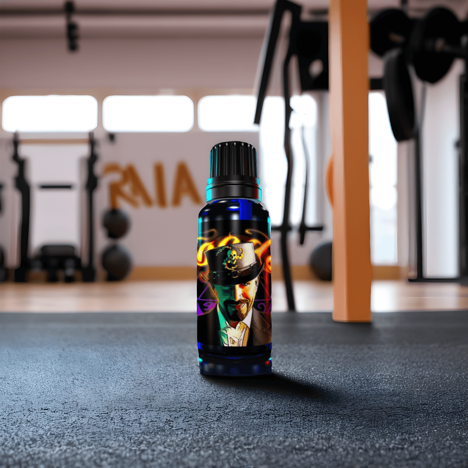 Voodoo Pheromone Cologne bottle on a gym floor with colorful, mystical-themed label, Royal Pheromones, Pheromone Perfumes, Pheromone Oil, Pheromone Colognes.
