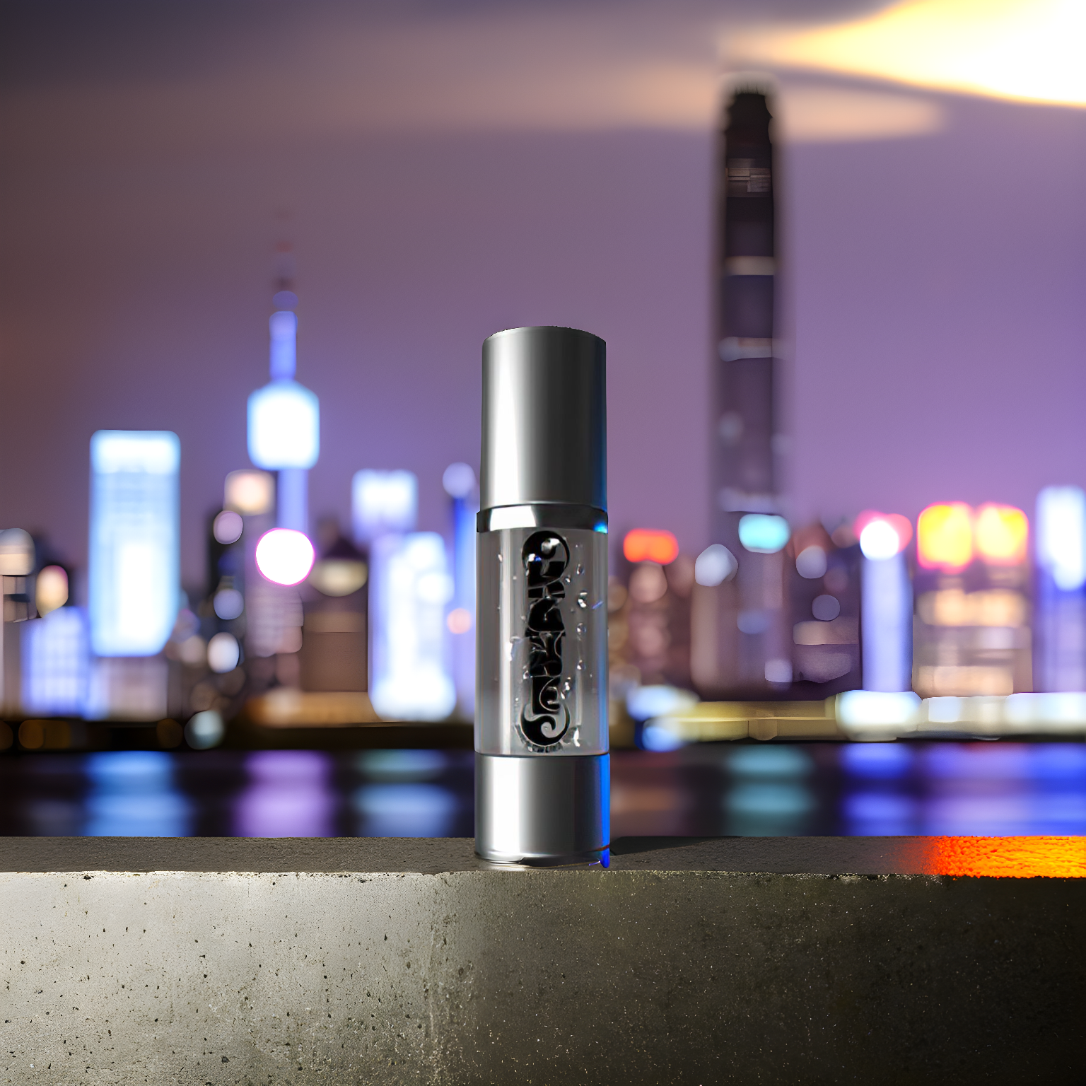 KANE™ Pheromone Gel by Royal Pheromones against a city skyline at night, ideal for homosexual men seeking respect and communication in work environments, unscented and ultra-concentrated, compatible with favorite fragrances.