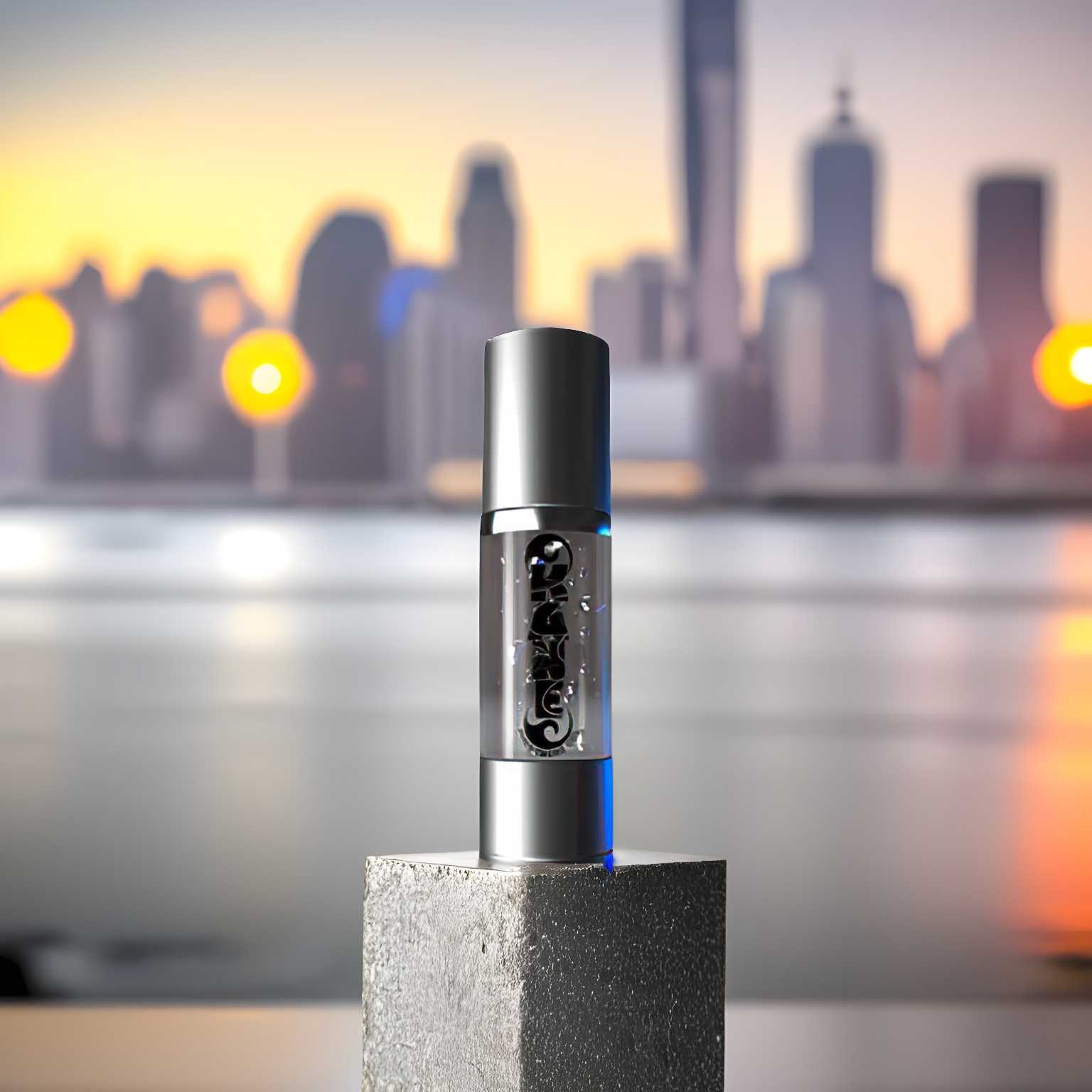 KANE™ Pheromone Gel by Royal Pheromones in a sleek bottle, set against a cityscape background at sunset, designed to enhance respect and communication for the wearer.