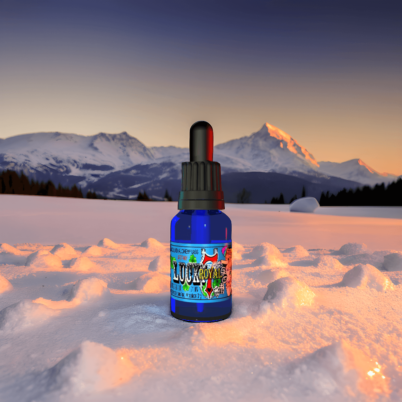 LUCKY 7 ROYAL™ Pheromone Oil bottle in a snowy landscape with mountain sunset backdrop. Royal Pheromones, Pheromone Perfumes, Pheromone Colognes.