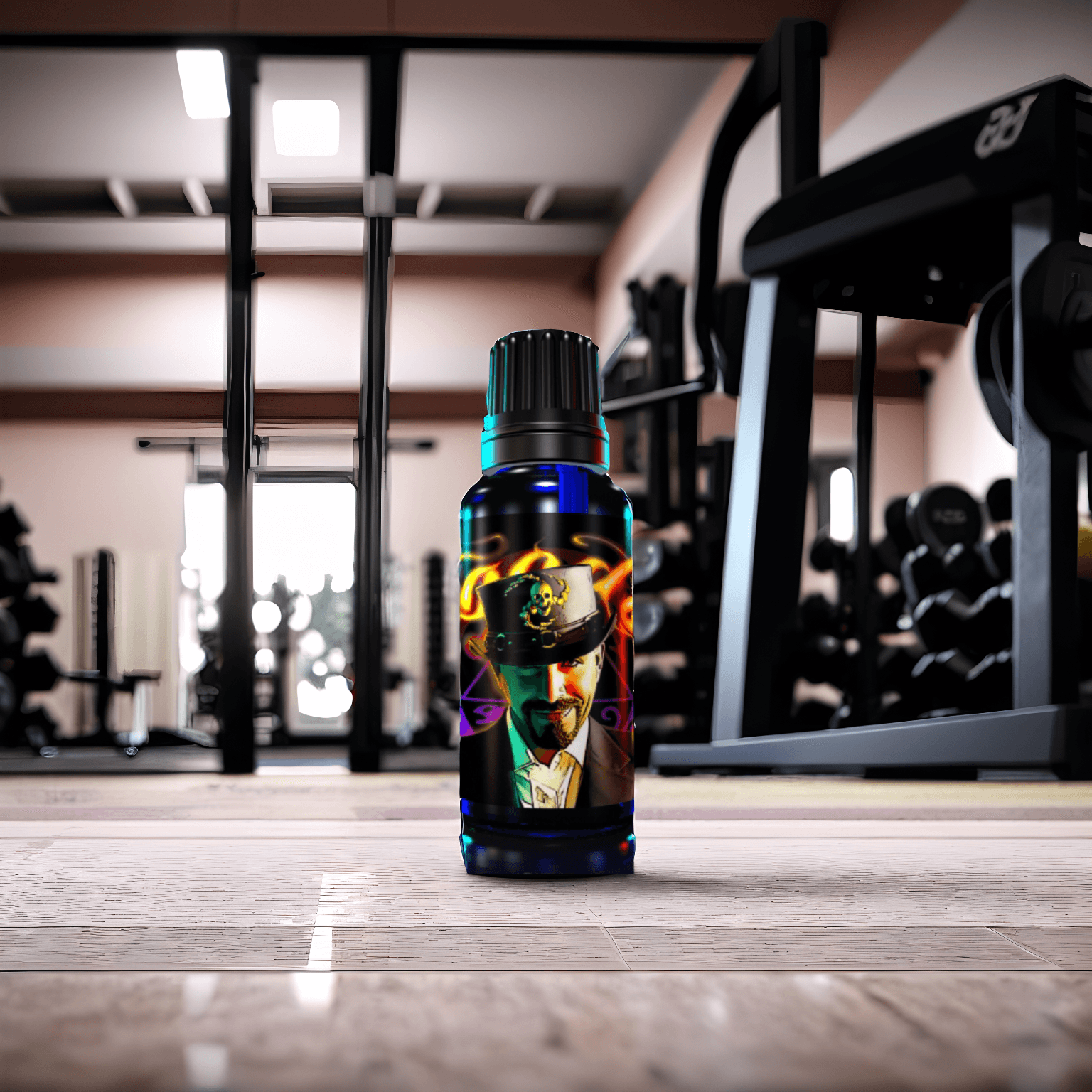 Voodoo Pheromone Cologne bottle placed on a gym floor, marketed by Royal Pheromones for enhancing attractiveness through Pheromone Oils and Colognes.