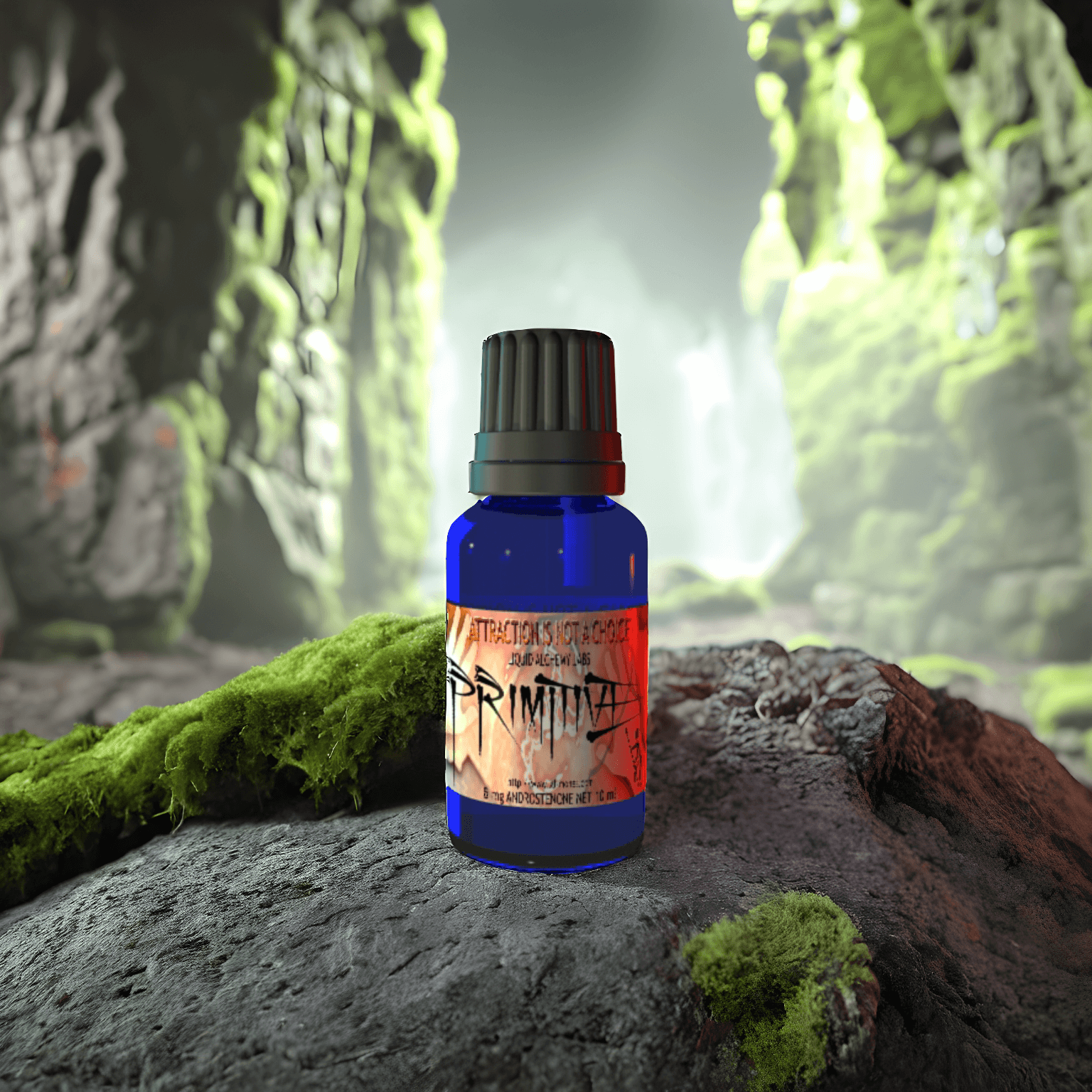 PRIMITIVE™ Androstenone Pheromone Oil by Royal Pheromones in blue bottle, displayed in a mossy, rocky cave setting – Pheromone Perfumes, Pheromone Oil, Pheromone Colognes.