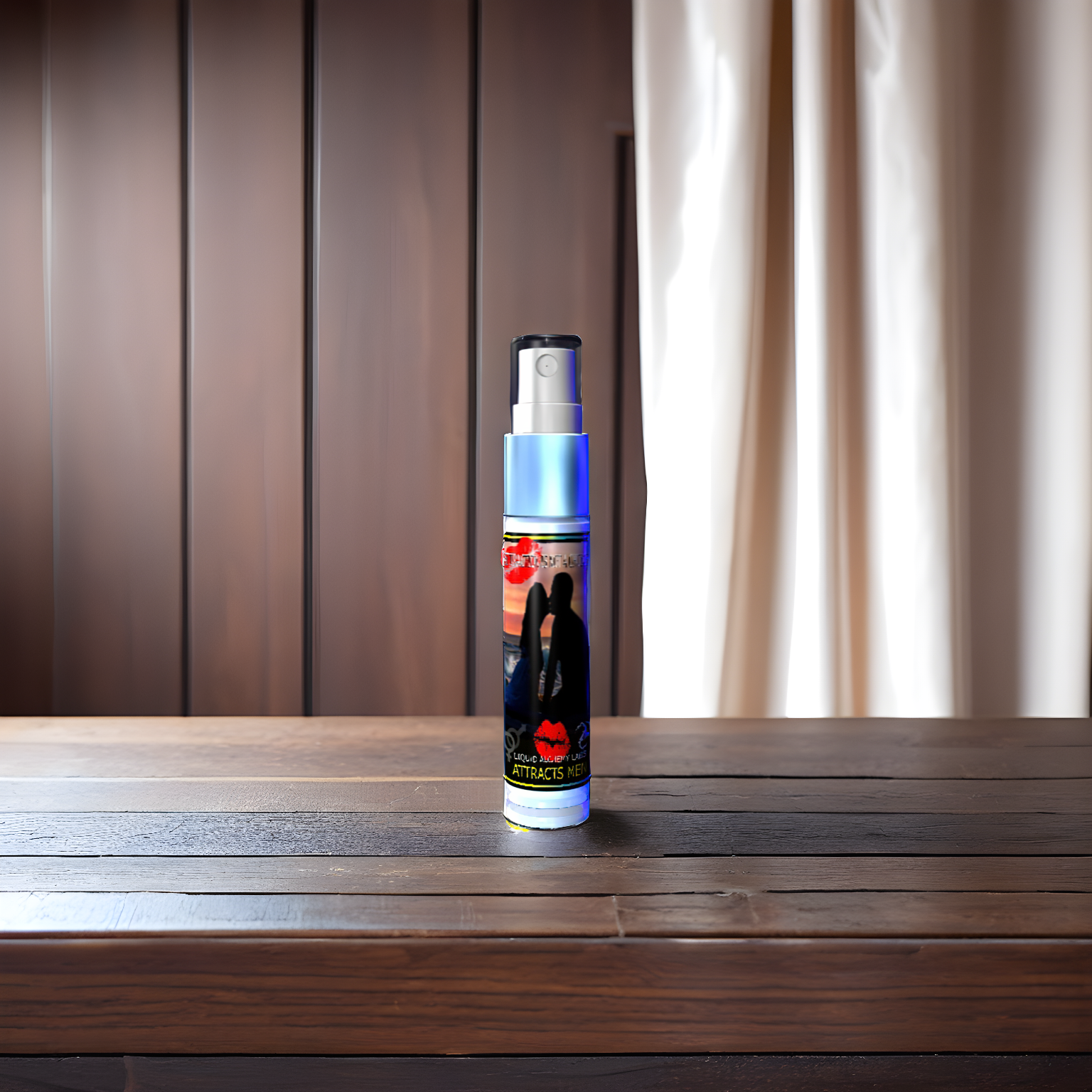 MAUI KISS™ Spray Perfume for Women by Liquid Alchemy Labs on a Wooden Table, Perfect Tropical Scent for Attracting Men, Royal Pheromones Line, in Front of Curtain Background.