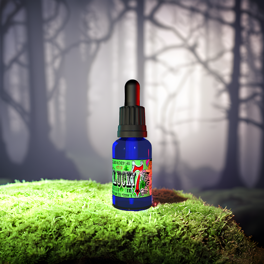 Blue bottle of LUCKY 7™ Androstenone and Androsterone Pheromone Oil by Royal Pheromones on a mossy surface in an enchanted forest setting. Pheromone Perfumes, Pheromone Oil, Pheromone Colognes.