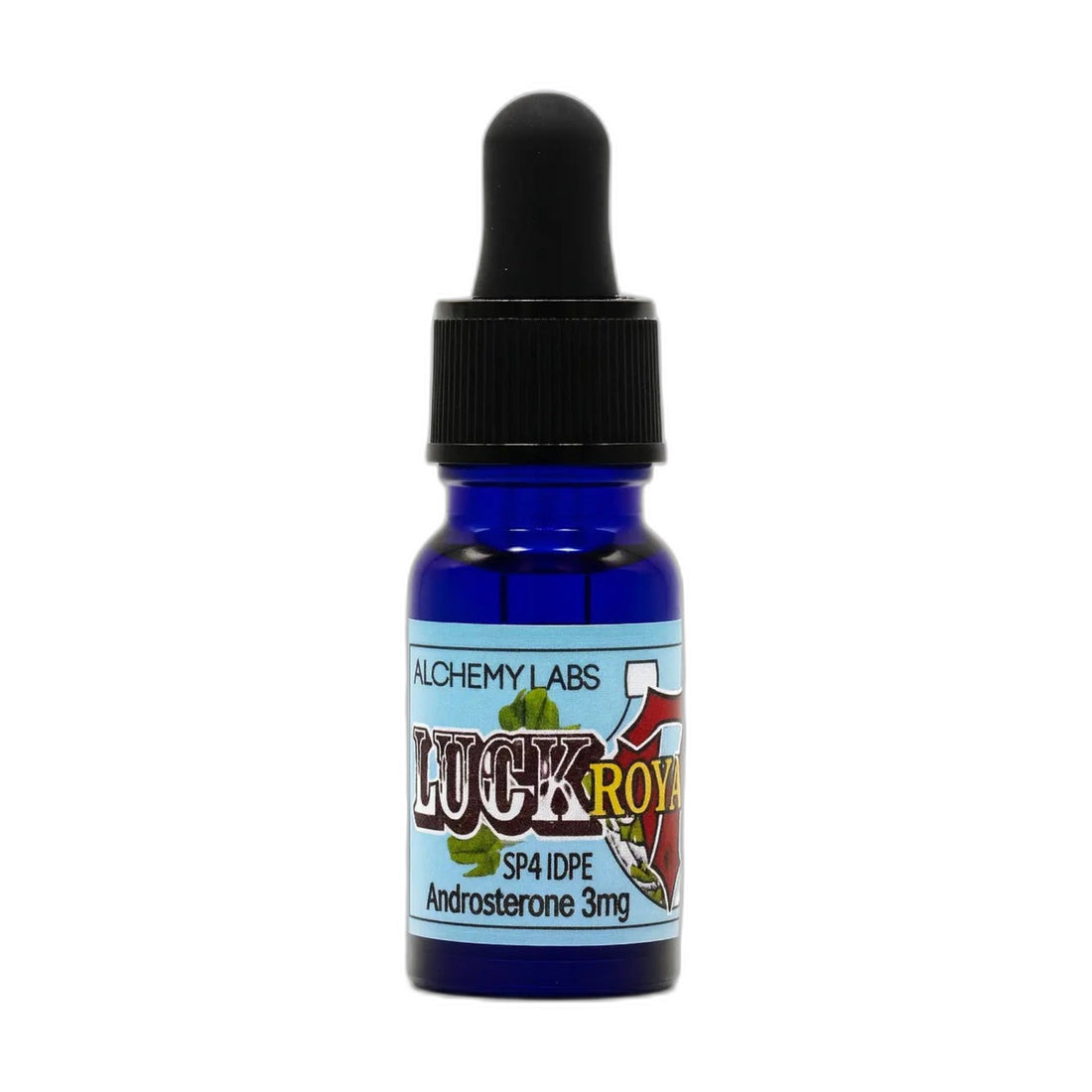 Blue bottle with a dropper labeled 'Lucky 7 Royale' on a white background