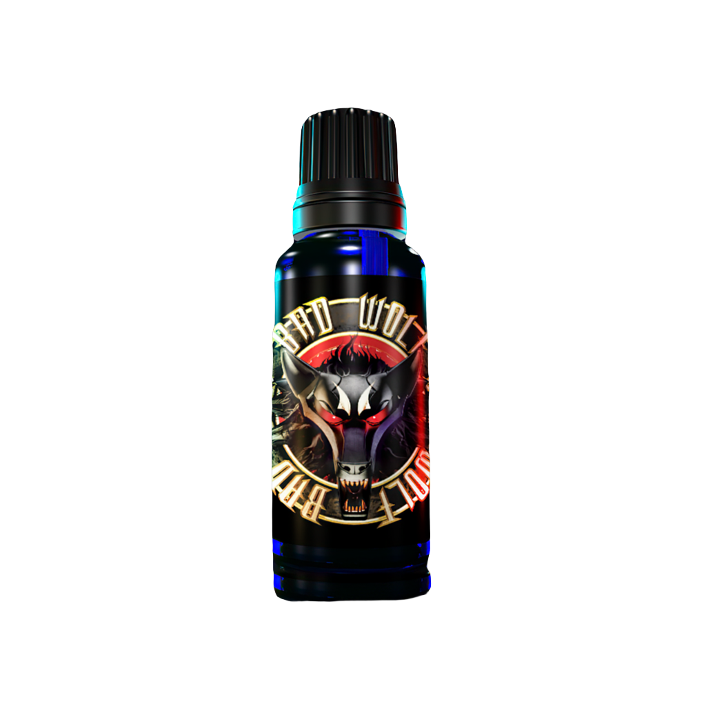 Bad Wolf Pheromone Oil blue tinted bottle with packaging of artistic picture of fierce wolf with glowing red eyes and a blue cap.