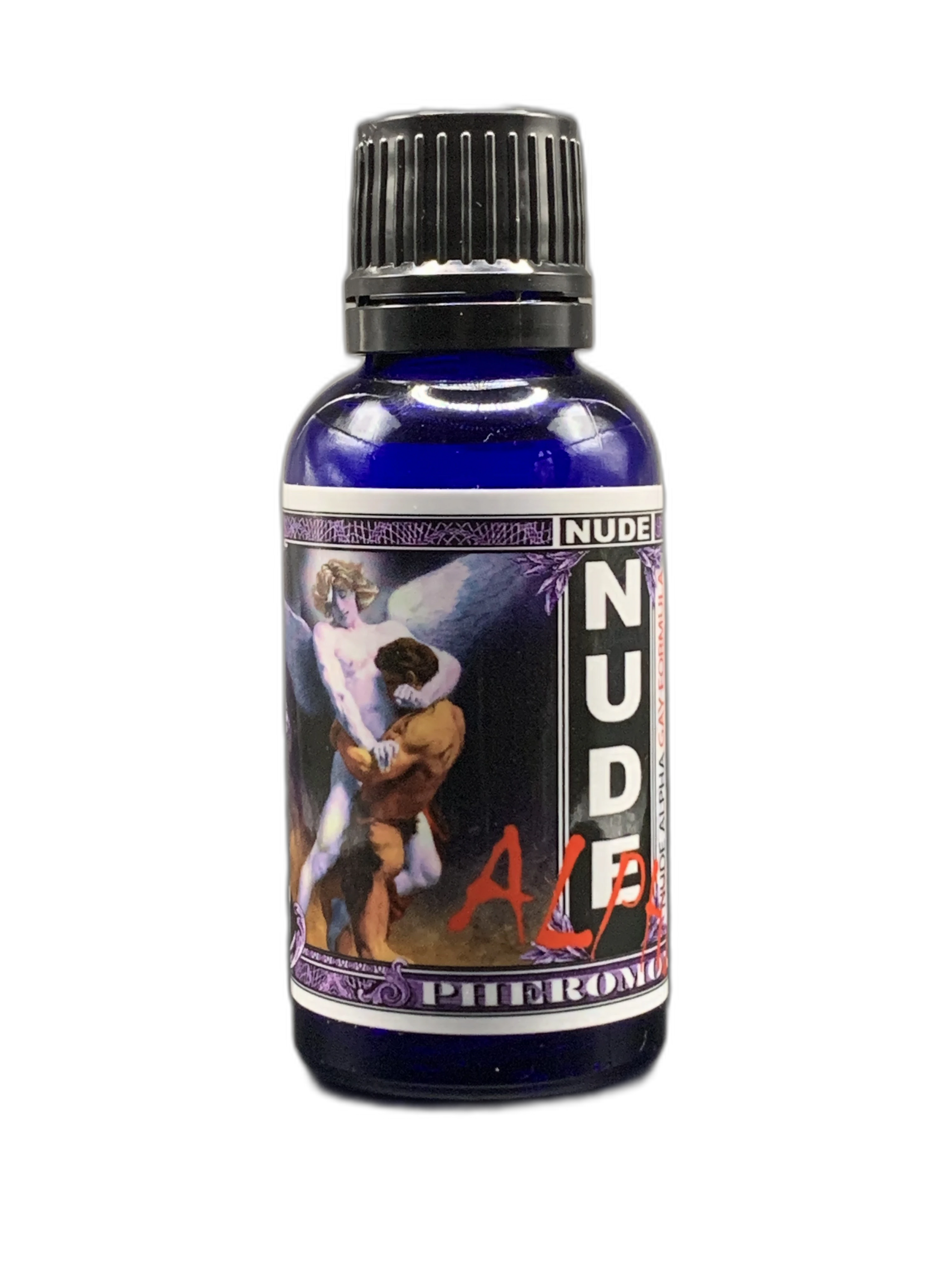 Bottle labeled 'NUDE' with a colorful label featuring graphics on a white background