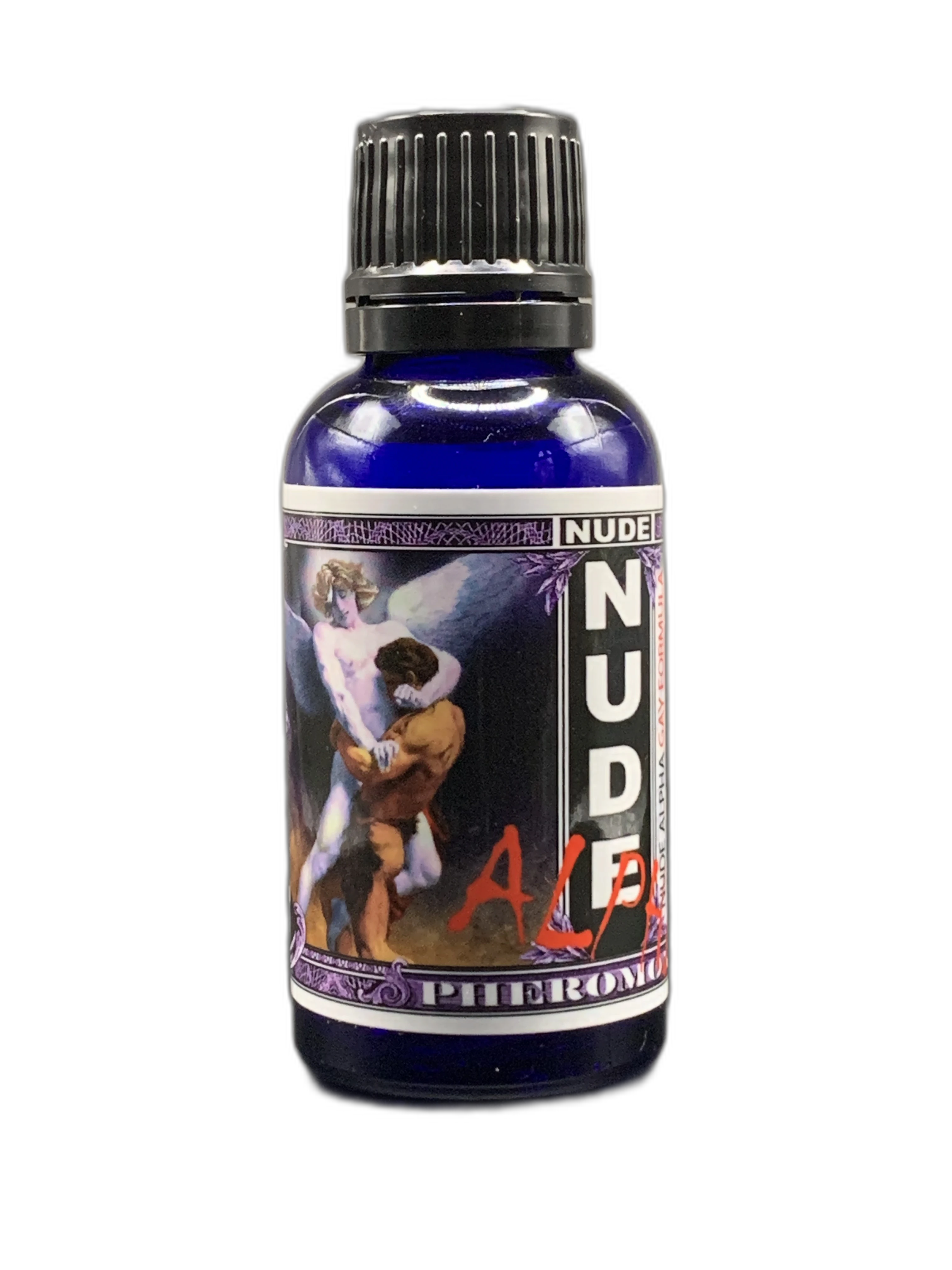 Bottle labeled 'NUDE' with a colorful label featuring graphics on a white background
