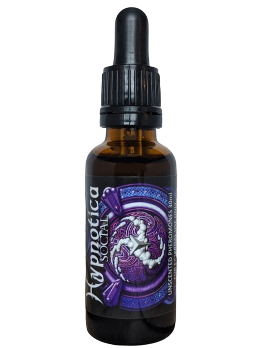 A 30ml amber bottle labeled "Hypnotica Social" with a dropper cap and a purple, intricate design on the label.