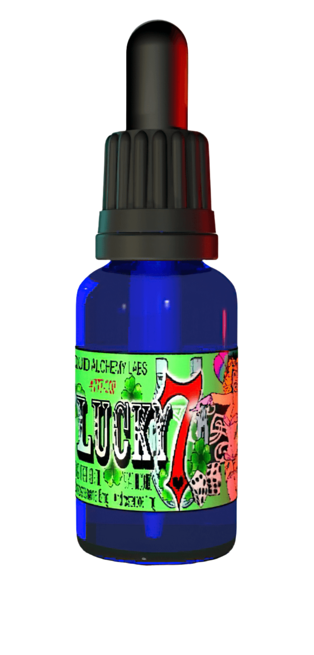 Blue glass dropper bottle labeled 'Lucky 7 Royal' with colorful artwork and black dropper cap.