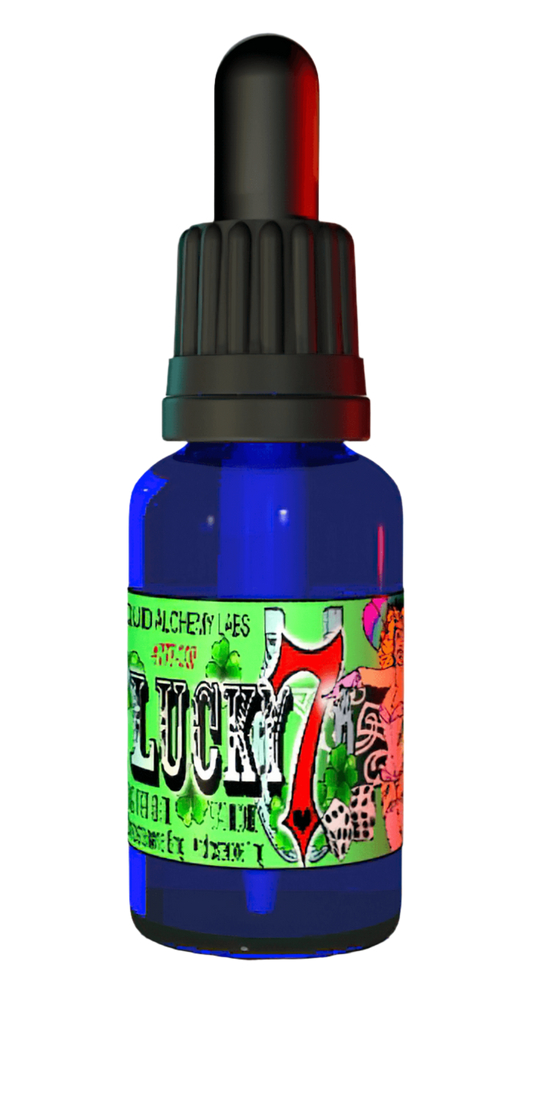 Blue glass dropper bottle labeled 'Lucky 7 Royal' with colorful artwork and black dropper cap.