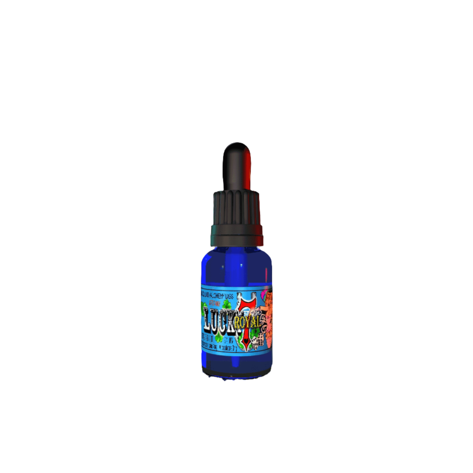 Blue glass dropper bottle labeled 'Lucky 7 Royal' with colorful artwork and black dropper cap.