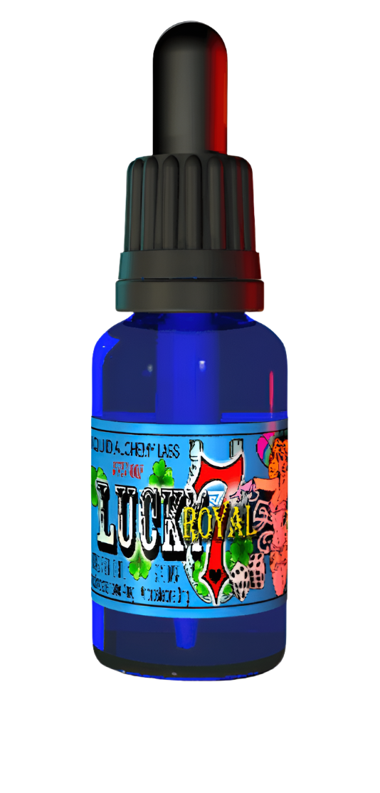 Blue glass dropper bottle labeled 'Lucky 7 Royal' with colorful artwork and black dropper cap.