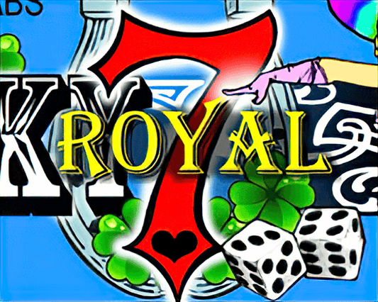 Label designed with  'Lucky 7 Royal' with colorful artwork.