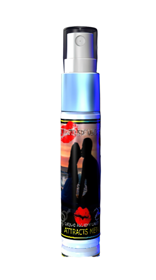 A tall spray bottle of 'Maui Kiss' perfume, featuring a romantic sunset beach scene with a couple's silhouette and the text 'Attracts Men' on the label.