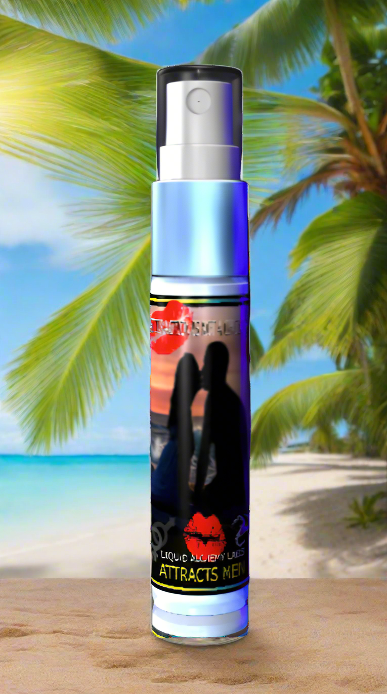MAUI KISS copulins spray perfume bottle on tropical island background