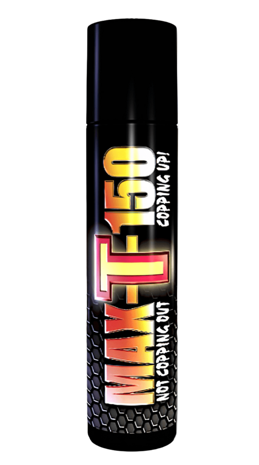 A tall, black aerosol can of 'Max-T 150' cologne with bold yellow and red lettering against a textured background.