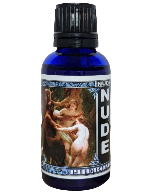 Product bottle with a black lid and a monochrome label that reads 'Nude Pheromone' with a stylized graphic of a muscular man, designed to attract men.